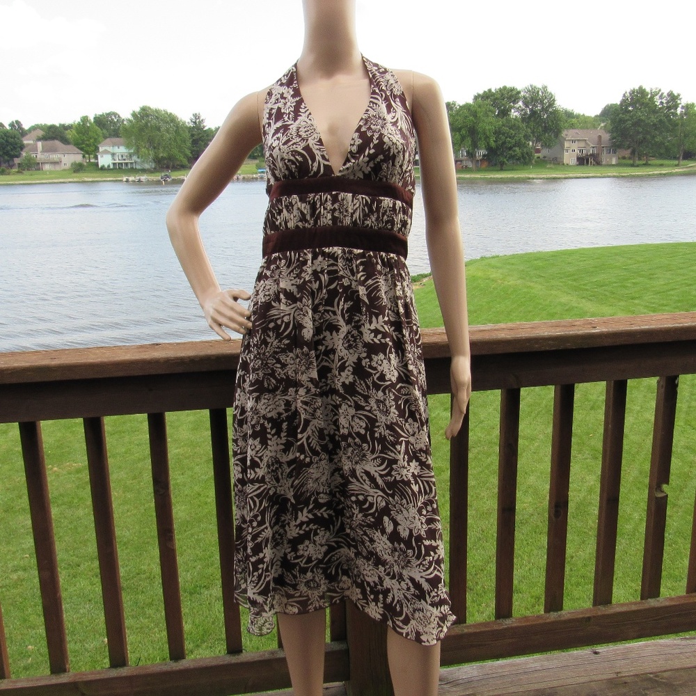 BCBG Paris Close Neck Halter Silk V-Neck Dress